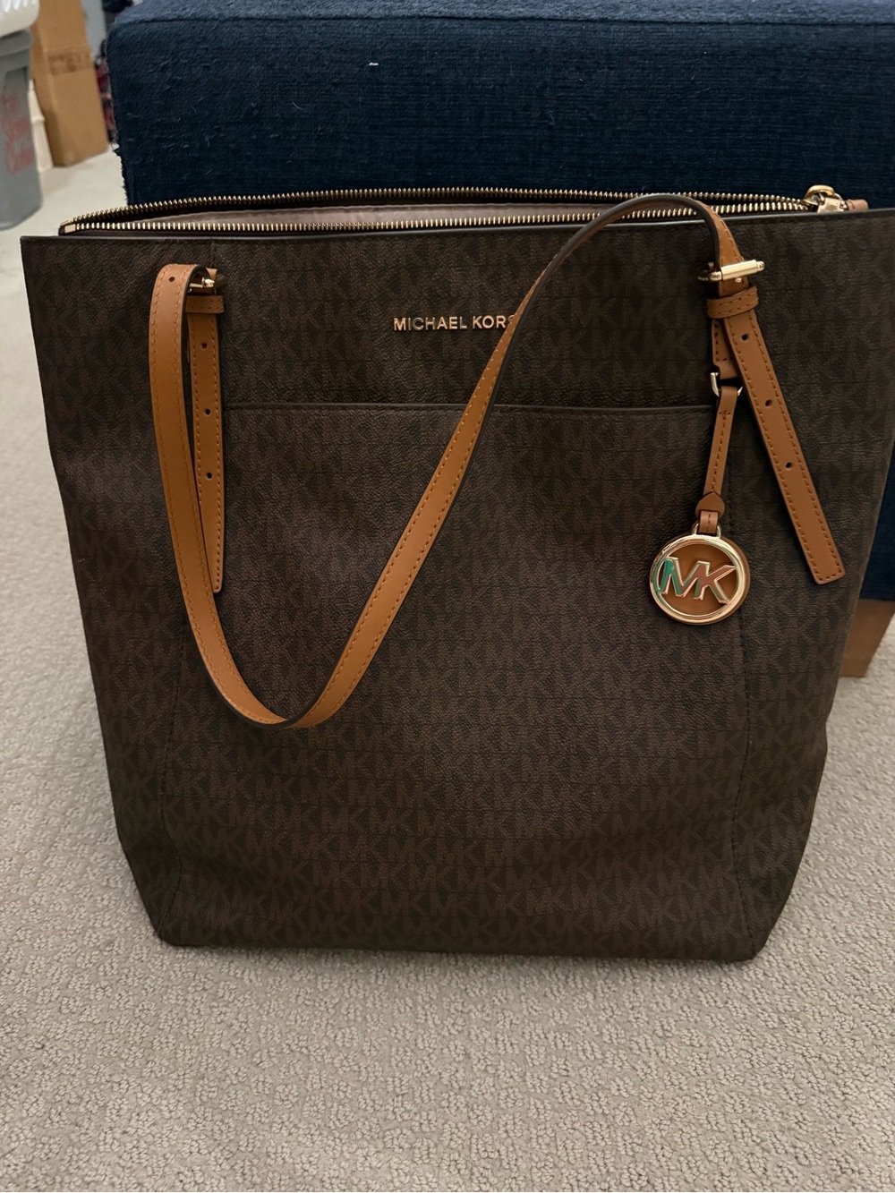 Michael Kors Brown Monogram Tote with Tan Straps and Gold Logo Charm